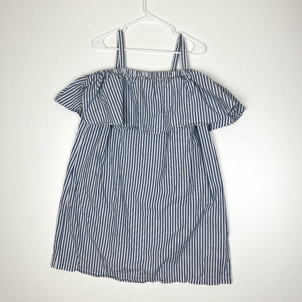 Eloquii Size 18 Blue & White Pinstripe Ruffle Shoulder Dress 100% Cotton 39" EUC